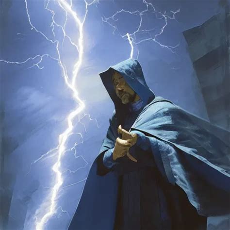 A wizard summoning a lightning bolt, wearing deep blue | Stable Diffusion