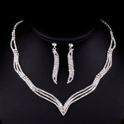 2017 Hot Simple Crystal Bridal Jewelry Sets Silver Color Rhinestone Earrings Necklace Sets for ...