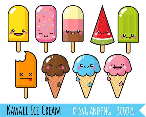 Ice Cream Clipart, Kawaii ice cream, popsicles, summer clipart By My First Invite | TheHungryJPEG