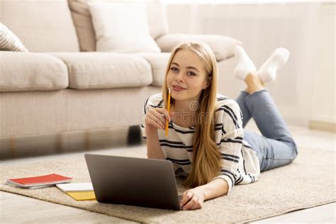 Pretty Girl Studying at Home, Using Laptop Stock Photo - Image of freelancer, mood: 170118696