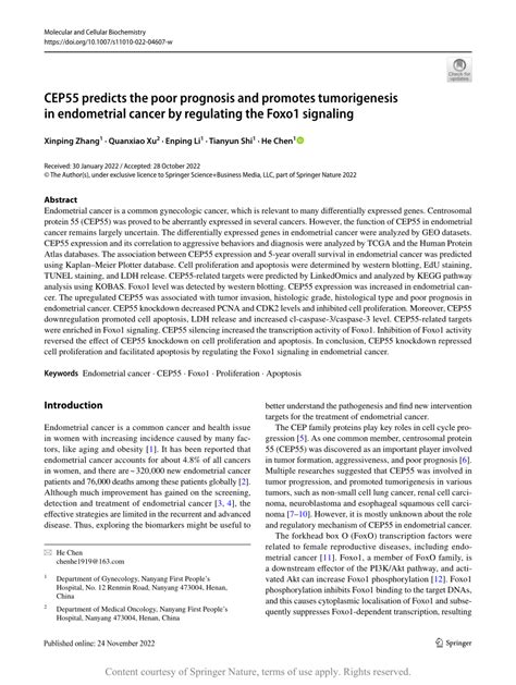 CEP55 predicts the poor prognosis and promotes tumorigenesis in endometrial cancer by regulating ...