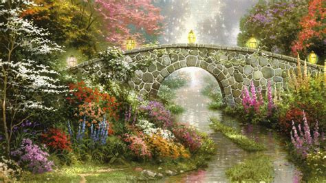 Wallpaper : painting, flowers, lantern, bridge, arch, stream, Thomas ...