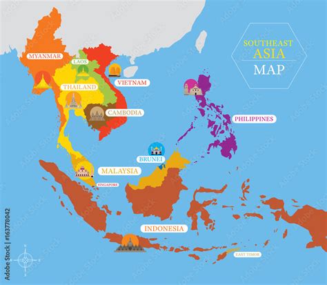 Southeast Asia Map with Country Icons and Location Stock Vector | Adobe ...