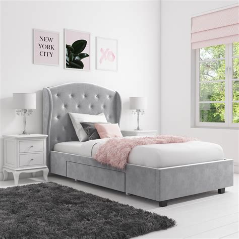 Grey Velvet Single Bed Frame with Storage Drawer - Safina - Furniture123