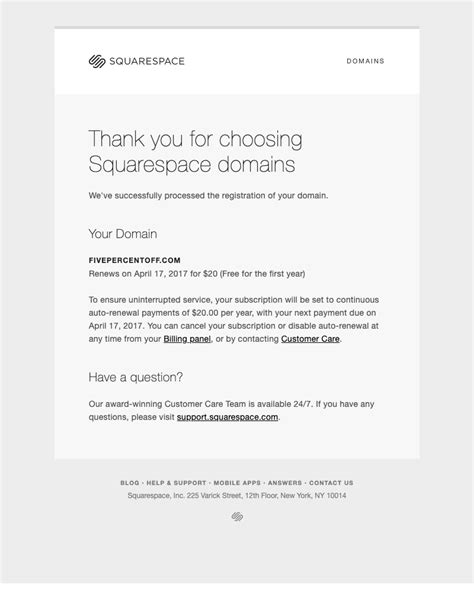 SaaS Email Templates - Thank you for choosing Squarespace domains