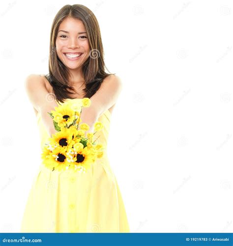 Woman Smiling Showing Flowers Stock Image - Image of isolated, chinese: 19219783