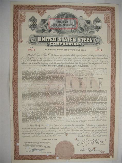 1958 United States Steel Corporation Bond Stock Certificate