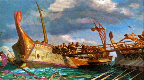 Naval battle between the Romans and Carthaginians, 260 BC. ~ the bridge has two huge spikes on ...