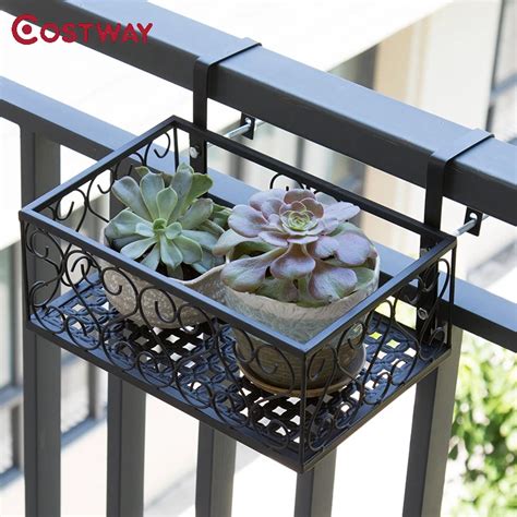 COSTWAY Balcony Hanging Flower Stand Iron Rack Plant Stand Metal Shelf ...