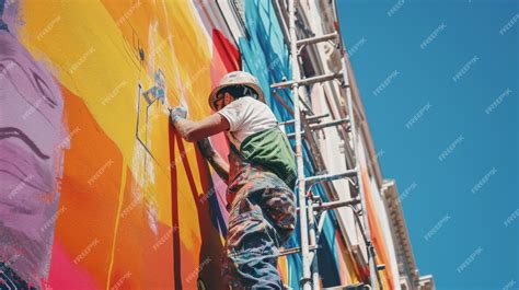 Premium Photo | Man on a Ladder Painting a Wall