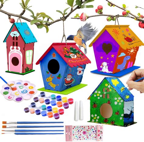 4 Set DIY Wooden Bird House Kits for Kids 4-6, 8-12, Build & Paint Craft, Ideal Birthday ...