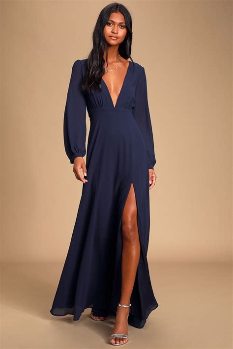 Lovely Navy Blue Gown - Long Sleeve Maxi Dress - Maxi Dress - Lulus