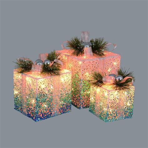 Set of 3 Blue and White Decorative Lighted Christmas Gift Boxes Yard ...