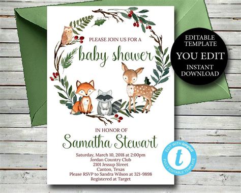 Woodland Baby Shower Invitation, Editable Invite Template Rustic ...