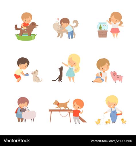 Little children taking care domestic animals Vector Image