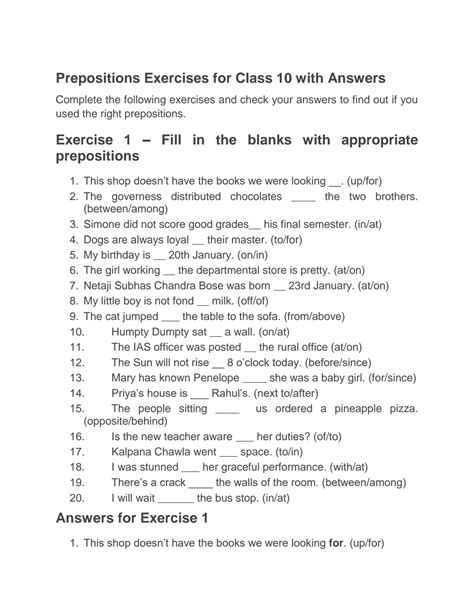 SOLUTION: Prepositions exercises for class 10 with answers - Studypool