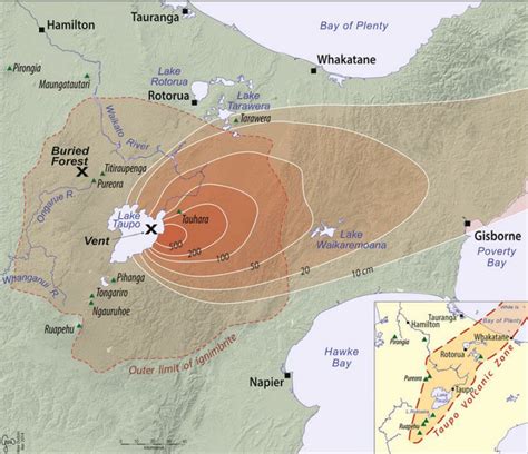 The consequences of the powerful Taupo eruption of c. AD 232, showing... | Download Scientific ...