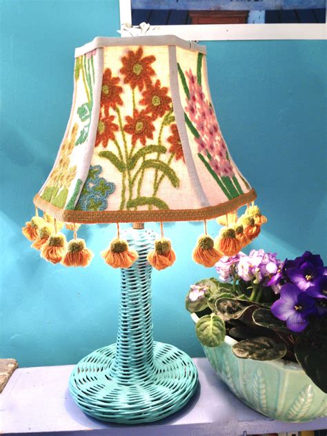 Flower Crewel Lamp Shade, Boho Lampshade trimmed with vintage pom pom ...