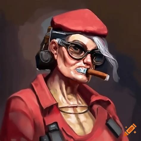 Strong old woman in cyberpunk aviator outfit with aviator cap and cigar on Craiyon