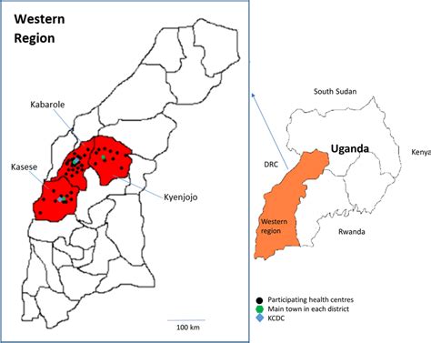 Map of Kyenjojo, Kabarole and Kasese districts in the Western region of ...