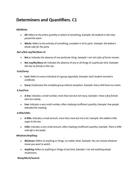 Determiners and Quantifiers. C1 | PDF