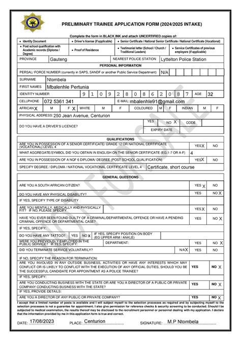 Filled Aplication Form - SAPS PRELIMINARY TRAINEE APPLICATION FORM ...