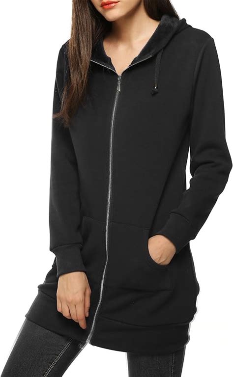 Zeagoo Women Casual Zip Up Fleece Hoodies Tunic Sweatshirt Long Hoodie Jacket - black - Large ...