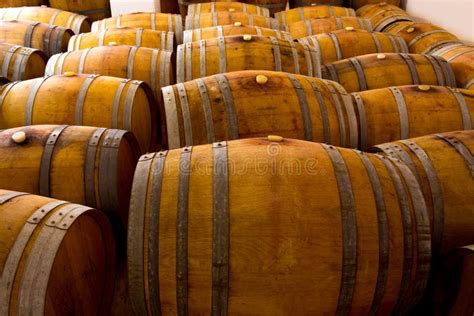 Wine Wooden Oak Barrels in Winery Stock Photo - Image of basement, cool ...