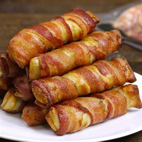 Bacon-wrapped Spring Rolls – filled with avocado, eggs, red onion, jalapeno, salt and pepper and ...