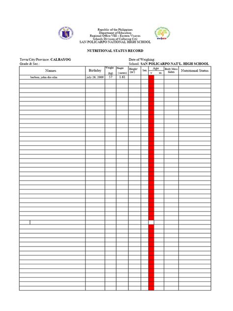 Nutritional Status Record Template2023 2024 | PDF