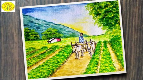 Farm Scenery Drawing | Farmer working scenery with water colors - YouTube