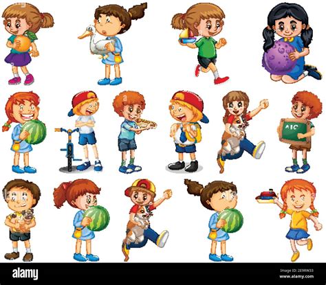 Children doing different activities cartoon character set on white background illustration Stock ...