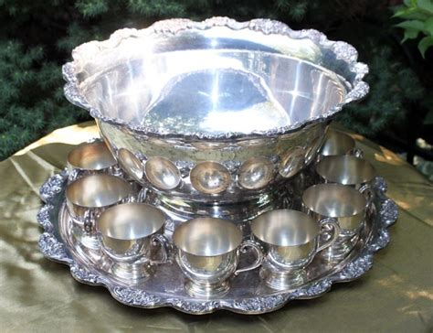 Antique Silver Punch Bowl 12 Cups and Ladles. Huge silver