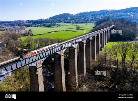 Aerial view of a Narrow Boat, canal boat crossing the Pontcysyllte Aqueduct located in the ...