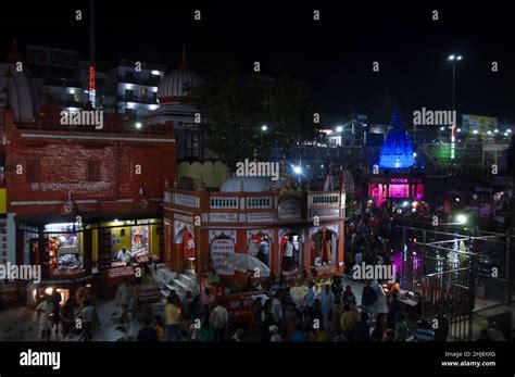 Night view of Goddess Ganga temple at Har Ki Pauri Ghat Haridwar ...