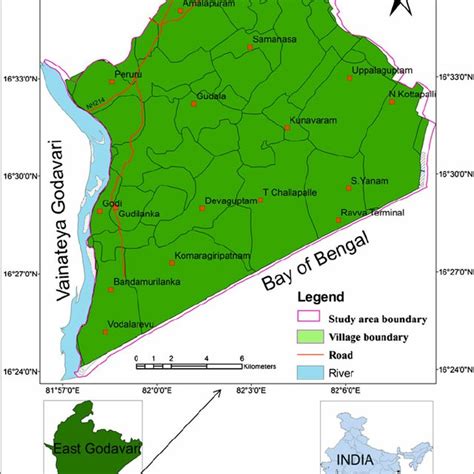 Location map of the Central Godavari delta, East Godavari district,... | Download Scientific Diagram