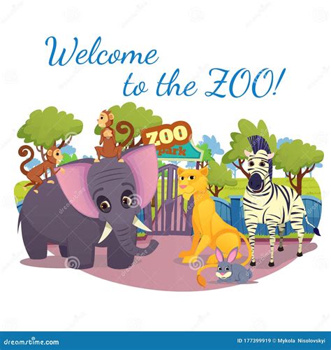 Wild Animals on Nature Welcome To Zoo Banner. Stock Vector - Illustration of monkey, funny ...