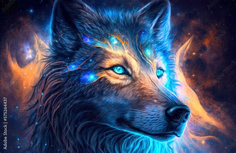 Powerful Epic Legendary Wolf with glowing face in Universe. Spiritual ...