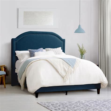 CorLiving Navy Blue Fabric Bed Frame with Arched Headboard - Queen ...