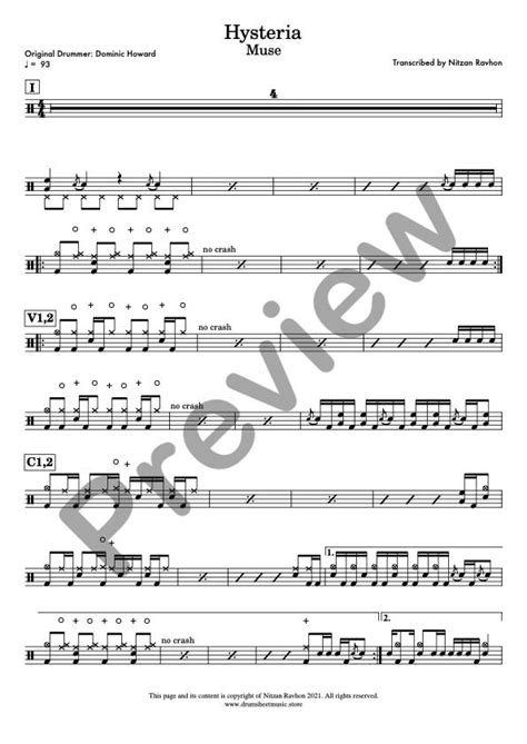 Drum Sheet Music - Muse - Hysteria