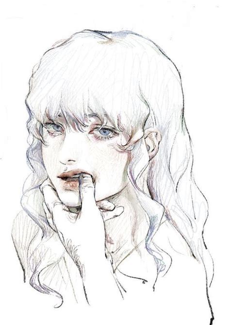 a drawing of a woman with long hair and blue eyes holding her finger to her mouth