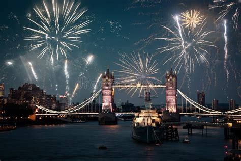 Tower Bridge with Fireworks, Celebration of the New Year in London, UK ...