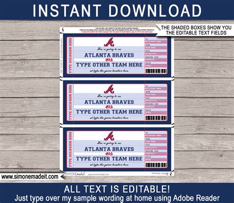 Atlanta Braves Game Ticket Gift Voucher | Printable Surprise Baseball ...