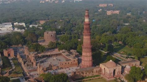 Ancient "Qutb Minar" mosque, India, Delhi, Aerial 4k drone footage ...