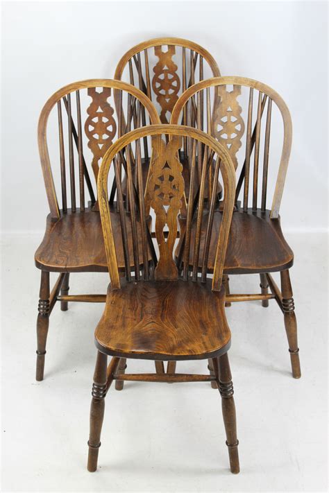 Set 4 Antique Ash & Elm Farmhouse Kitchen Chairs