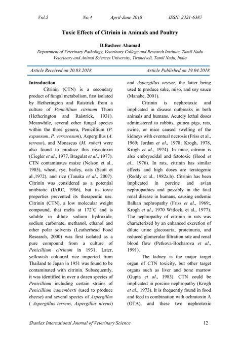 (PDF) Toxic Effects of Citrinin in Animals and Poultry