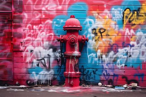 Arte colorida de graffiti em uma parede de tijolos com um hidrante de incêndio em primeiro plano ...