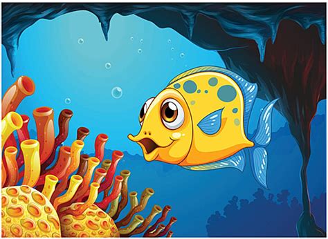 A Large Yellow Fish Swimming Inside A Sea Cave Beneath The Ocean Vector, Isolated, Coral, Animal ...