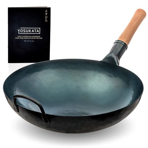 Buy YOSUKATA Blue Round Bottom Wok Pan – 14" Woks and Stir Fry Pans - Chinese Hammered Pow ...