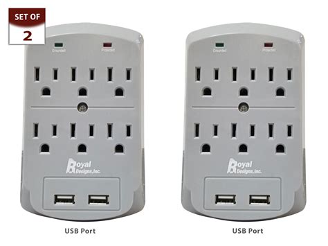 Set of 2 Gray USB Wall Mount and Surge Protector with 6 Outlets and Two USB Ports - royalLAMPSHADES